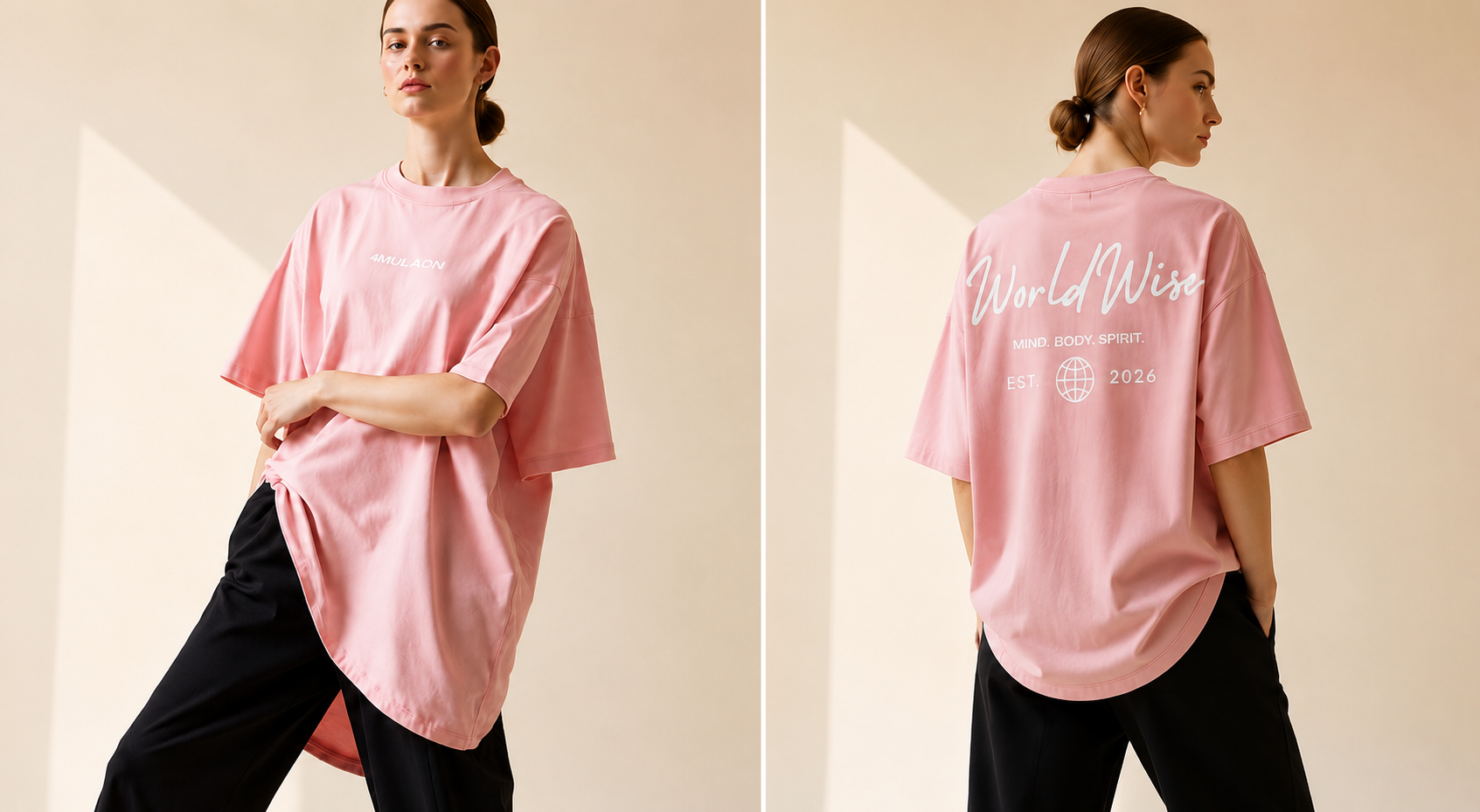 4MULAON WorldWise oversized tee in pink — front and back